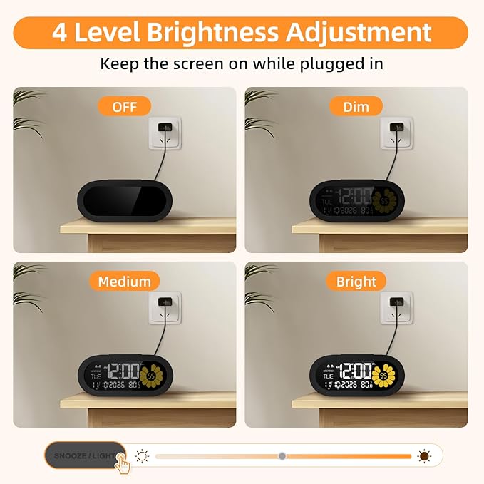 DOOMAY Digital Alarm Clock for Bedroom: Dual Alarm Bedside Clock VA LCD Display with Seconds, 9-Minute Snooze and Weekend Mode, 3 Brightness, 4 Alarms and 3 Volume Levels，Type C & Battery Included