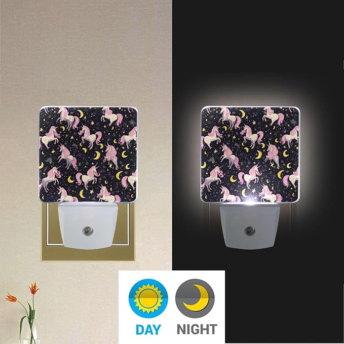 Pigsaly Led Night Light Unicorn Pink Horse Moon Night Light Plug in Wall Lamp Smart Dusk to Dawn Sensor Nightlight Led Lamp Energy Saving Lights Gift for Kids Room Bedroom Bathroom Hallway