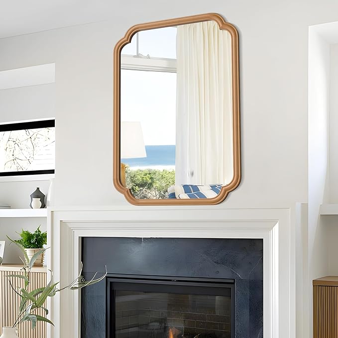 Wood Bathroom Mirror for Wall Mounted, 24" x 36" Rustic Bathroom Mirror for Over Sink with Wood Frame Farmhouse Rounded Corner Rectangle Mirror Decorative(Natural Color)