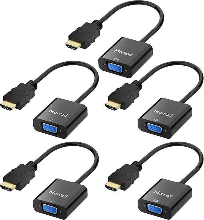 Moread HDMI to VGA, 5 Pack, Uni-Directional Gold-Plated HDMI to VGA Adapter (Male to Female) for Computer, Desktop, Laptop, PC, Monitor, Projector, HDTV, Chromebook, Raspberry Pi, Xbox and More