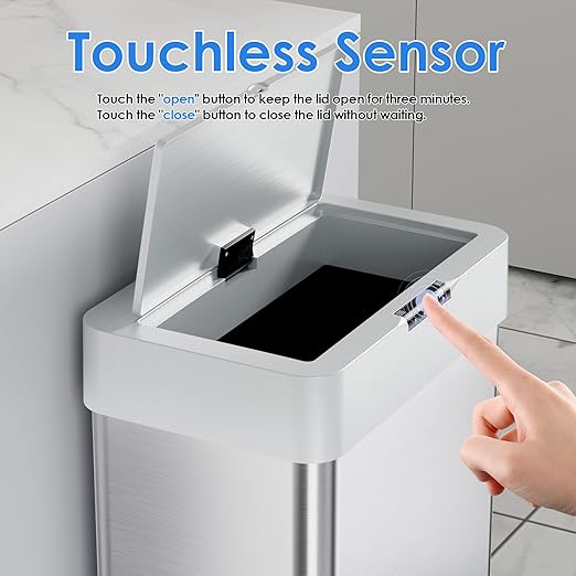 AthLike Sensor Trash Can, Touchless Motion Sensor Trash Bin, Smart Automatic Garbage Can with Soft-Close Lid, Bag Retainer Ring and Display Light,for Kitchen,Living Room Office (Silver, 16 Gal)