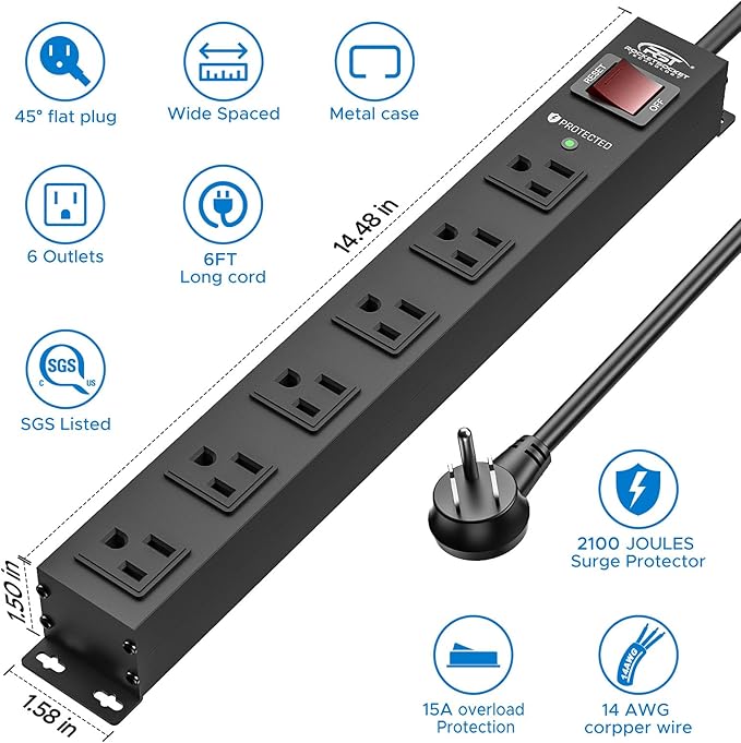CRST 2Pack 6 Outlet Heavy Duty Power Strip with Switch, 15A/1875W Metal Mountable Power Strip Surge Protector 2100Joules, Wide Spaced Power Bar for Garage Workshop Home School, 6 FT Cord(Black)