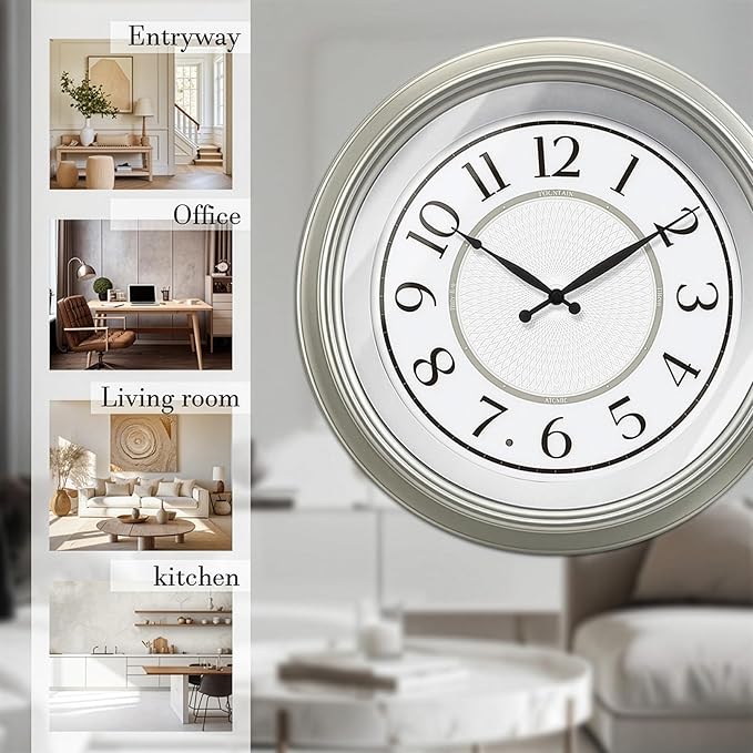 FOUNTAIN DESIGNS Galaxy 18" Large Luminous Atomic Clock with Night Light, Lighted Wall Clocks for Bedroom or Livng Room Decor,Morning Silver Finish,House Warming Gifts New Home
