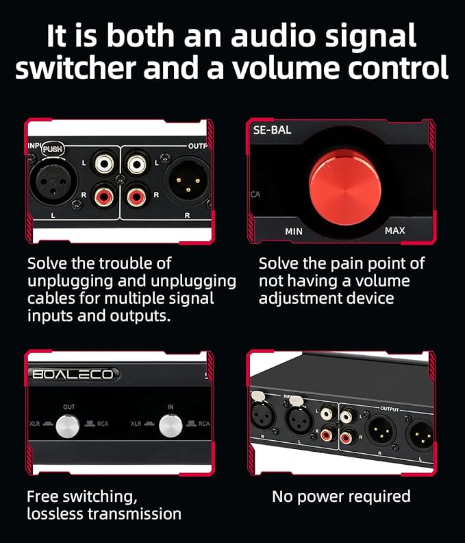 SE-BAL Audio Switch RCA XLR 2-IN-2-OUT HiFi Balanced Stereo Audio Switcher, Premium Selector Splitter Box with Volume Controller
