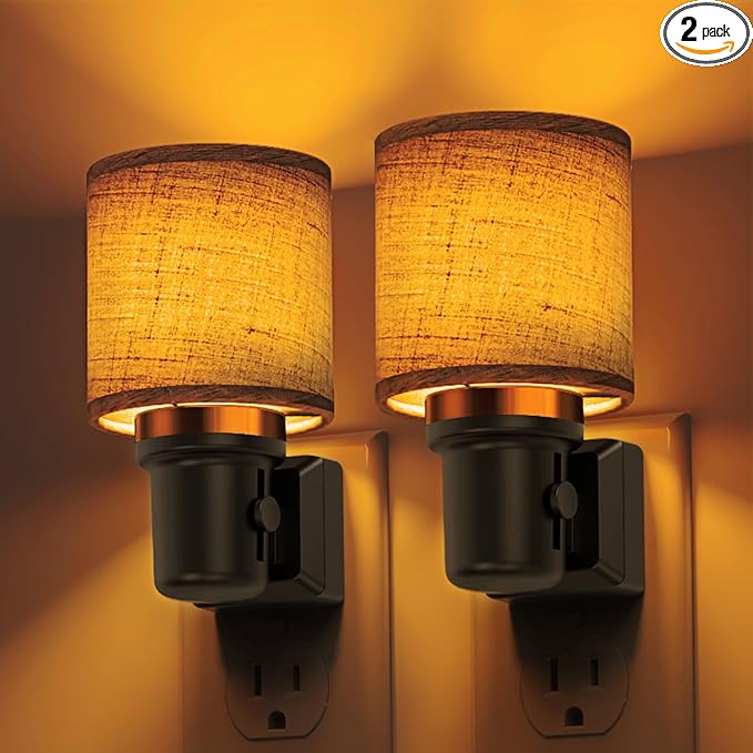 L LOHAS LED Night Lights Plug into Wall, 2 Pack Linen Fabric Cylinder Decor Night Light, Dusk to Dawn Sensor Vintage Nightlight, Amber Warm 0-100LM Dimmable, for Bedroom Living Room Hallway
