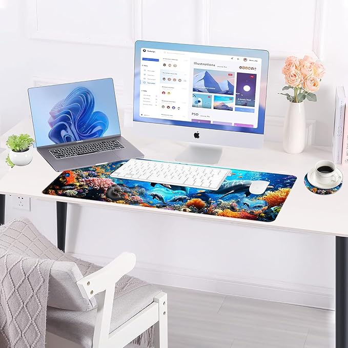 BFUKVOU Large Keyboard Mouse Pad Set, Extended Mouse Pad+Keyboard Wrist Rest Support, Memory Foam Ergonomic Easy Typing, 4Pcs (31.5×11.8 in) Desk Pad Set for Office Home,Underwater Dolphin Scene