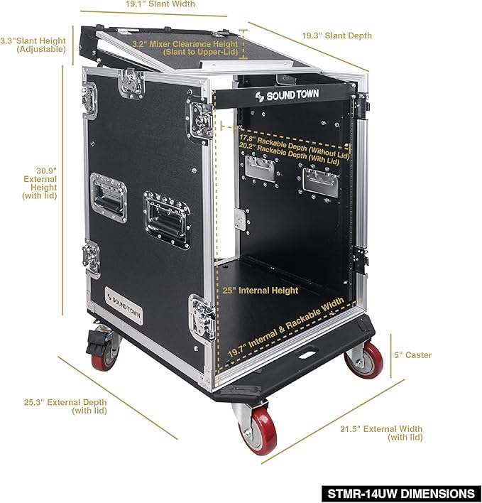 Sound Town Heavy-Duty 1/2" (12mm) 14U PA DJ Rack/Road Case with 11U Slant Mixer Top, 20’’ Rackable Depth and Casters, 14-Space ATA Case, Pro Tour Grade (STMR-14UW)