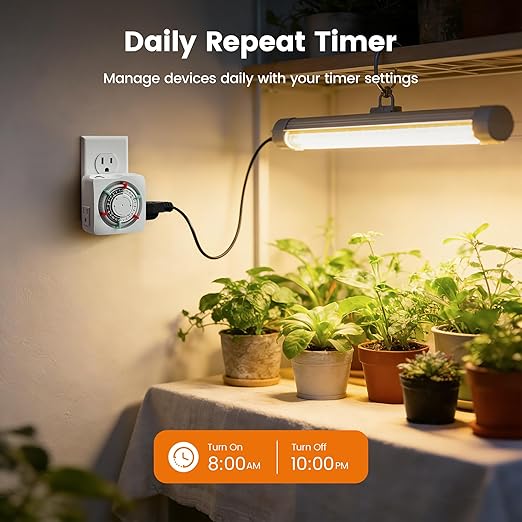 SURAIELEC Mechanical Timer with 2 Grounded Outlets, Indoor Electrical Plug in Timer with Trippers, 24-Hour Programmable and 3 Prong Outlets for Christmas Decorations, Plant Lights, Fan, 15A, White