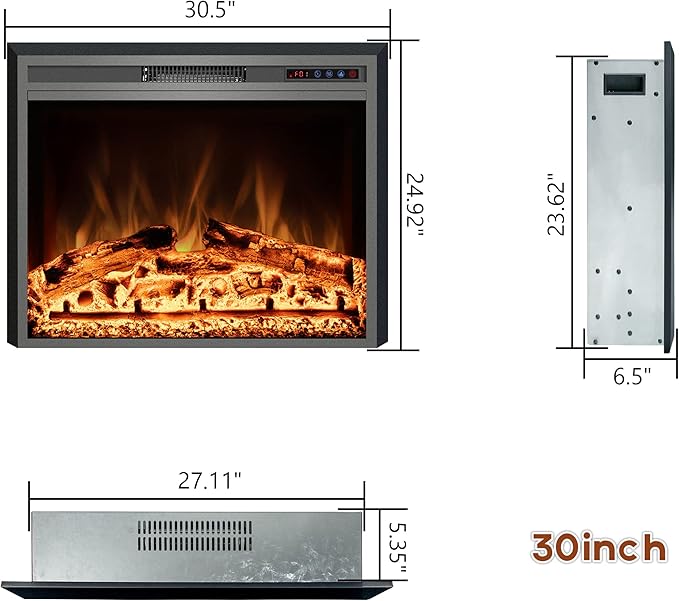 Electric Fireplace, 30" Electric Fireplace Inserts, Recessed Fireplace Heater with Remote Control, Adjustable Flame Colors, Timer&Overheating Protection, 750/1500W