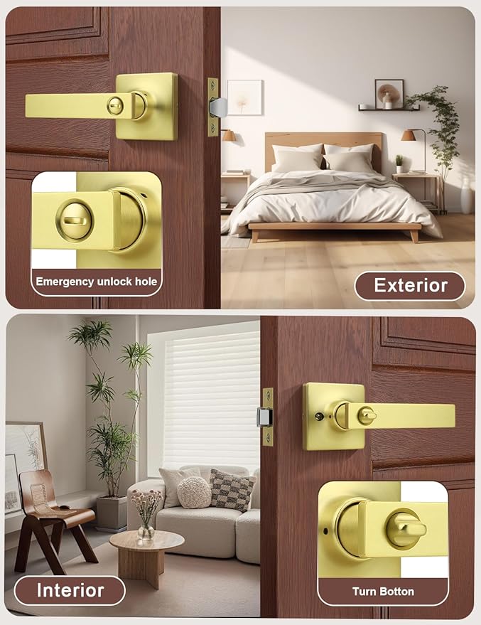 Mengico 1 Pack Gold Privacy Lever Door Handle Interior with Lock, Heavy Duty Square Door Lock for Bed/Bath, Keyless Door Locksets, Reversible for Left Right Handed Doors