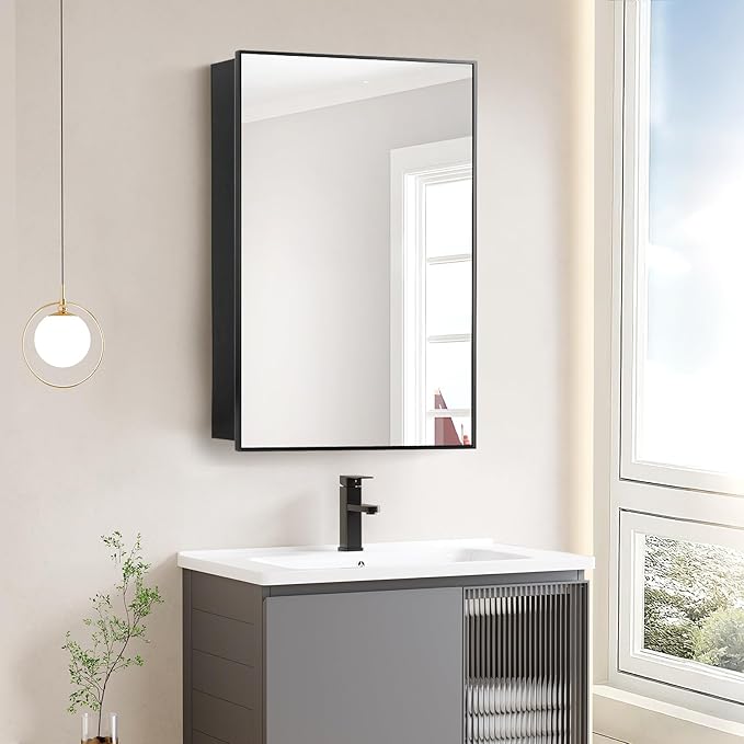 Medicine Cabinet with Mirror, 20x30 Inch Rectangle Wall Mounted Bathroom Vanity Mirror with Storage & Adjustable Tempered Glass Shelves Medicine Cabinets for Bathroom, Black