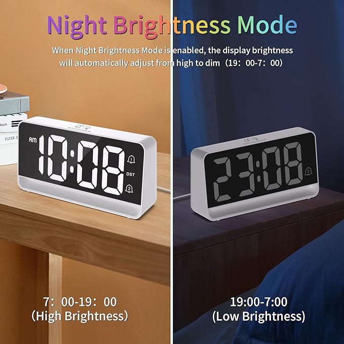 Alarm Clocks for Bedrooms, Digital Bedside Clock with RGB Night Light, Adjustable Volume for Heavy Sleepers, USB Charger, Large Display, Modern Decor for Desk, Dimmable Alarm Clock for Kids(White)