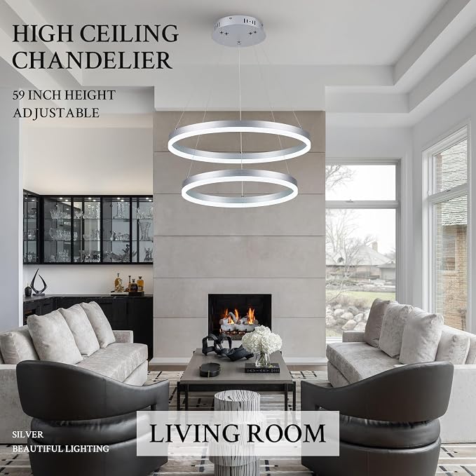 Modern LED Chandelier Silver 2-Rings Pendant Light Circular Flush Mount Ceiling - Image 9
