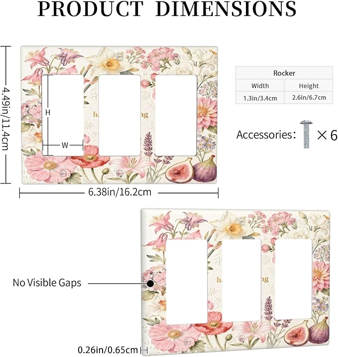 Bvtewkhz Floral Plant Watercolor Flowers 3 Gang Triple Rocker Decorative Outlet Covers Light Switch Plate Electrical Receptacle Switchplate For Bathroom Kitchen Bedroom
