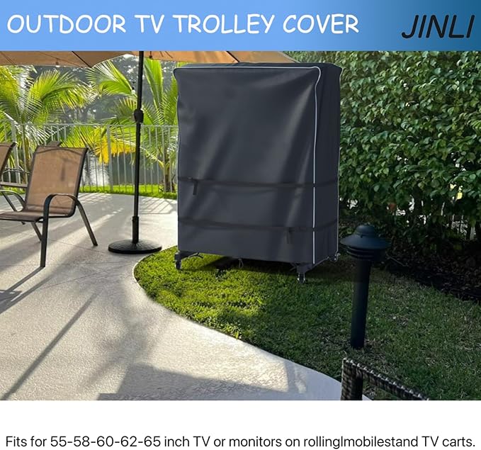 JINLI 60-65 inch outdoor TV trolley cover, courtyard TV cover, Oxford fabric waterproof and dustproof, triple windproof design, compatible with rolling/mobile stand