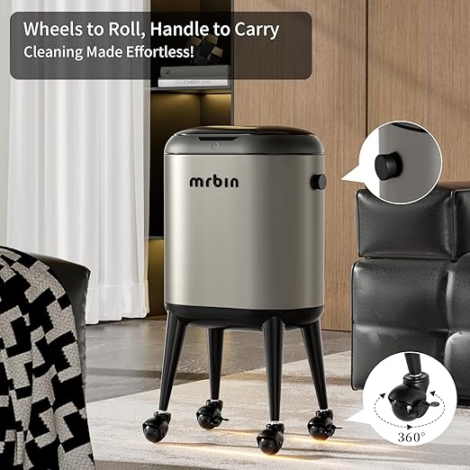 MRBIN Stainless Steel Slim Bathroom Motion Sensor Trash Can with Lid and Wheels, 13L / 3.4gal Electric Touchless Toilet Waste Basket with Legs for Narrow Vanity, Rvs, Dorm, Kitchen, Eclipse Grey