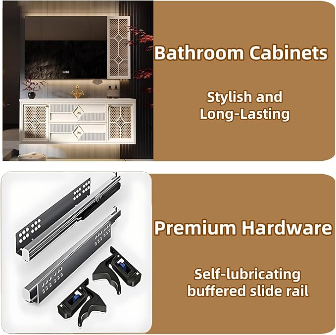 56IN Luxury Floating Bathroom Vanity - Single Sink Bathroom Vanities has Smart Defog Mirror & Slate Countertop | Woven Rattan Perforated Door Panel, LED Lights, 2 Drawers (Style B)