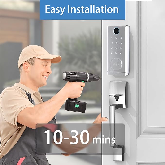 UMIK UMIKSMART Fingerprint Smart Door Lock with Heavy Duty Handleset, Keyless Entry Door Lock, Electronic Keypad Deadbolt Locks, App Control for Front Door, Home (Matte Silver)