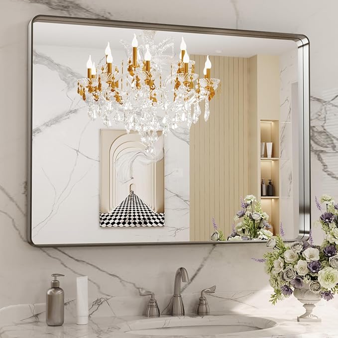 LOAAO 40X24 Inch Brushed Nickel Bathroom Mirror, Rounded Rectangle Silver Metal Frame Mirror, Brushed Nickel, Anti-Rust, Hangs Horizontally or Vertically