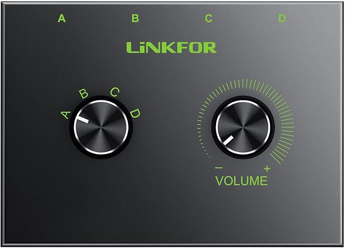 LiNKFOR 4 Port 3.5mm Stereo Audio Switch, 4 Way Stereo Audio Selector, 4 Input 1 Output / 1 Input 4 Output Audio Splitter with Volume Control and 4 Channel Switch Knob