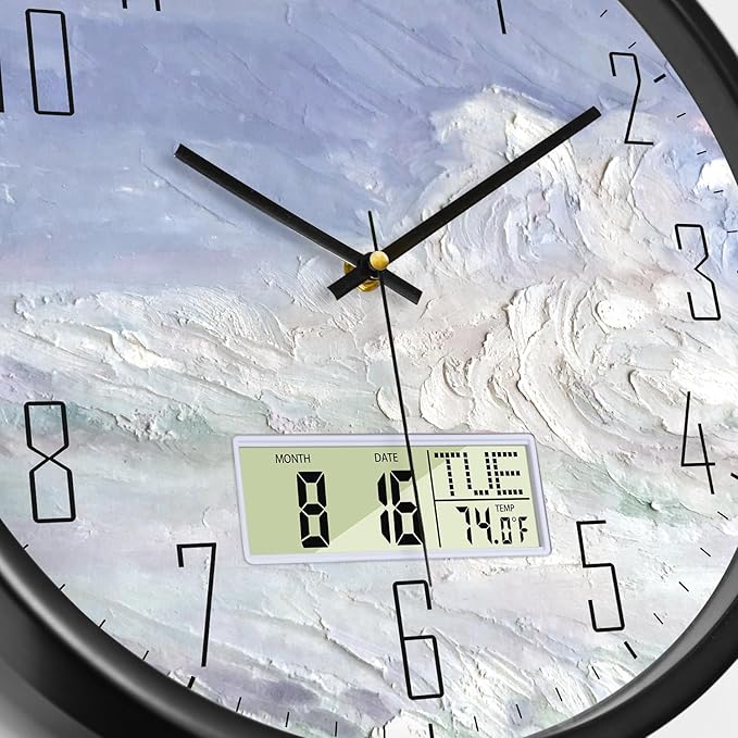 SCOAGE Digital Wall Clock Battery Operated with Day and Date Temperature Blue White Wave Calendar Clock with Large Display Silent for Room Bathroom Bedroom Living Room Farmhouse Decor 12 Inch