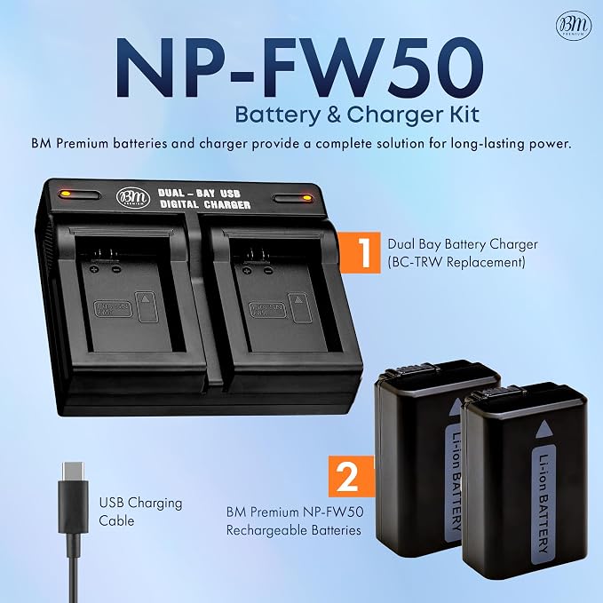 BM Premium 2 NP-FW50 Batteries 1500mAh and Fast Dual Bay Charger - Image 2