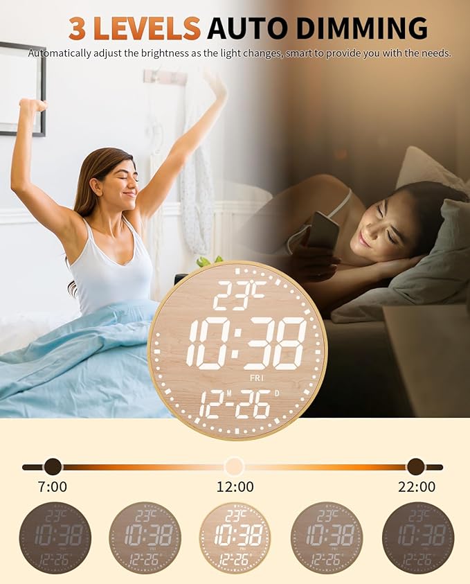 GLOKUUCA 12" Large Digital Wall Mount Clock, Count Down Timer, Alarm, Big LED, 12 RGB Color, Temperature for Living Room Classroom Desk (Bamboo Elements)