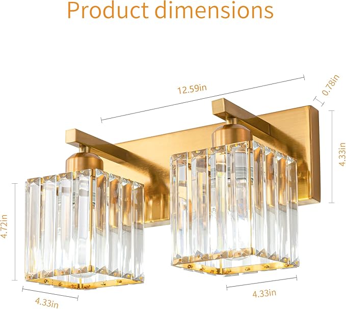 FDPBY Modern Bathroom Vanity Light 2-Lights Gold Crystal Bathroom Wall Light Vanity Light Fixtures，12.59-inch Modern Minimalist Design