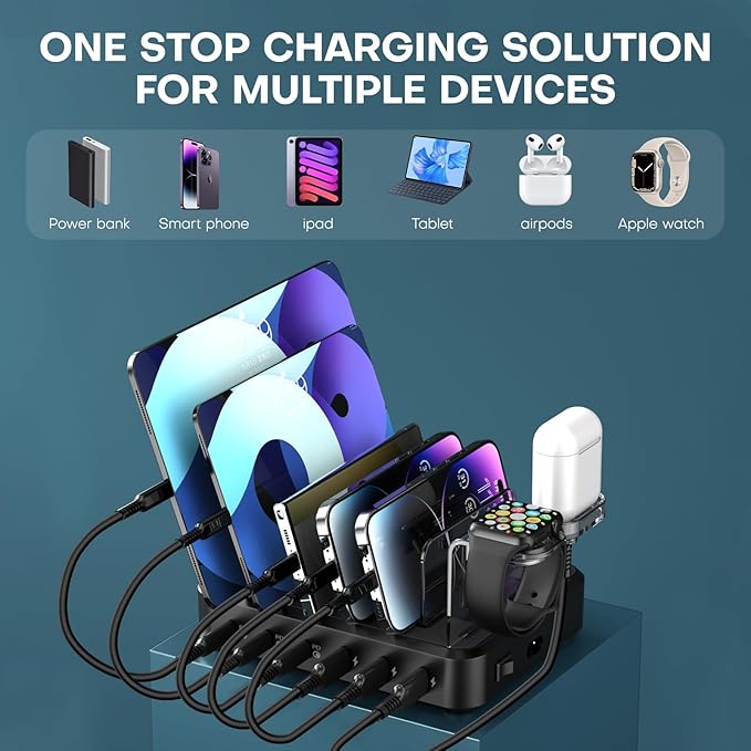 Charging Station for Multiple Devices,75W 6 Port Multi USB C Fast Charger Station with 7 Mixed Charging Cables,USB Charging Dock Compatible with iPhone, Samsung, iPad, Tablet and More