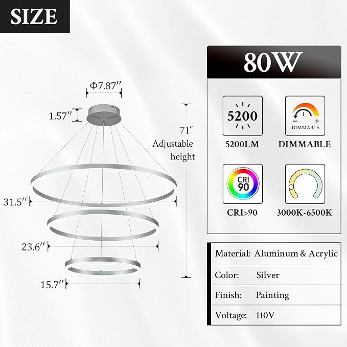 3-Rings Modern LED Chandelier Silver, Dimmable Pendant Lighting - Image 3