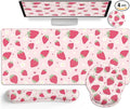LIMKRIAN Strawberry Mouse Pad Desk Mat Set, Pink Ergonomic Mouse Pad with Wrist Rest, Large Gaming Mousepad Wrist Support Keyboard Mat Cup Coaster Set, Cute Office Desk Decor Accessories Supplies