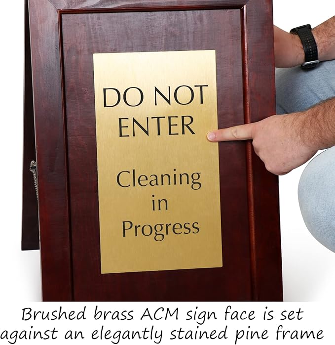 SmartSign Premium "Do Not Enter Cleaning in Progress" Wooden A-Frame Standing Floor Sign, 2-Sided, 24" x 15", Hardwood Pine Frame, 120 mil Brass ACM Sign Face, Black on Gold, Made in USA