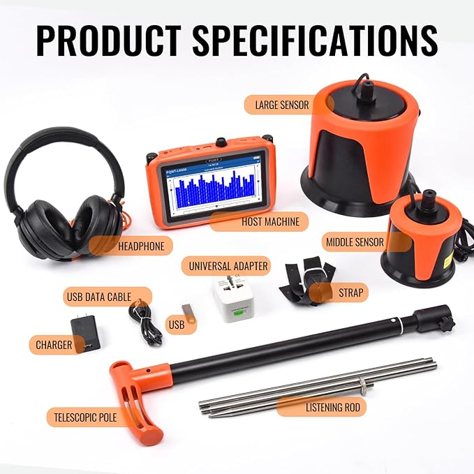 PQWT L6000 Acoustic Water Leak Detector for Outside Ground and Wall Water Pipeline Leakage Detection Kit Multi Sensor Professional Noise Reduction Headphone Smart Touchscreen Aluminum Carry Case