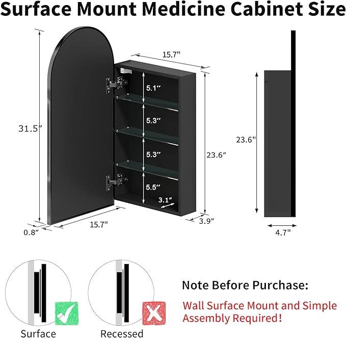 16 x 32 Black Bathroom Medicine Cabinet with Mirror,Arched Medicine Cabinet with Mirror,Assembly Required,Bathroom Mirror with Storage,Wall Mounted Medicine Cabinets with Adjustable Shelves