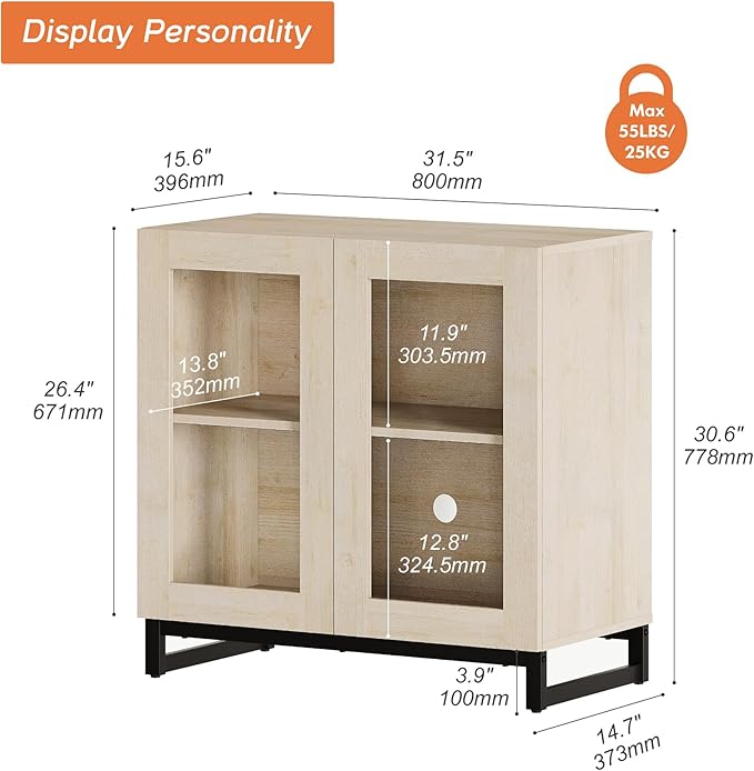 WAMPAT Modern TV Stand with Glass Doors for 32-40 inch TVs, Entertainment Center Console with Adjustable Shelves and Metal Base for Living Room, Bedroom, Light Oak