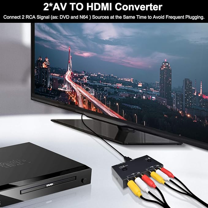 ZUZONG 2 RCA to HDMI, 1080P 2 Way RCA Composite CVBS AV Switch to HDMI Video Audio Converter Adapter Supporting 4:3/16:9, for PC Laptop Xbox PS2 PS3 N64 NGC SNES WII VHS VCR Camera DVD