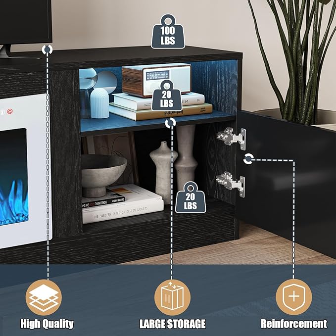 VITESSE TV Stand Fireplace with 36" inch Electric Fireplace Up to 90" TVs, LED Light Entertainment Center, 80" Modern Wood High Gloss with Highlight Storage Cabinet for Living Room (Black)