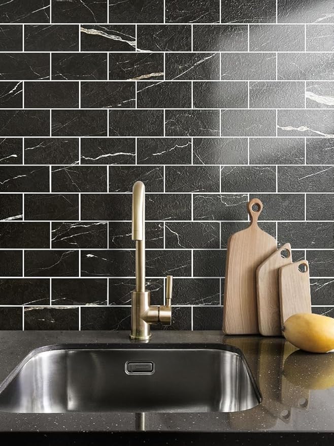 AULIGET 100 Piece Faux Stone Backsplash Peel and Stick PVC Tile, 3 Inch x 6 Inch Black Marble with White Grout Stick on Tiles for Backsplash Kitchen, Bathroom, Laundry Room, Camper, Fireplace