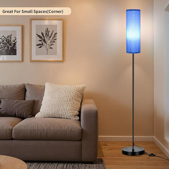 FRIDEKO HOME Floor Lamp with Blue Shade, Simple Design with Foot Pedal Switch, Small Tall Lamps for Living Room Bedroom Office, Corner Floor Stand Light with Black Pole Lamp (No Bulb/No Remote)