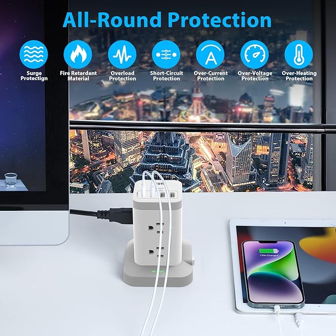 BEVA Surge Protector Tower with 8 AC & 4 USB(USB-C) Ports, 6.5 FT Extension Cord - Charging Station for Office & Dorm Room