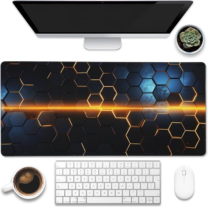 Eflxamz Large Gaming Mouse Pad,Golden Lines Honeycomb Technology Desk Mat,Honeycomb Technology Desk Pad,Extended Computer Keyboard Mouse Pad with Non-Slip Base and Stitched Edge,35.4"x15.7"