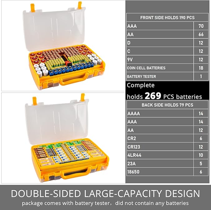 Aptbyte Battery Organizer Storage Holder Box Case with Tester- 269 Batteries Double-Sided Variety Pack, Holds AA AAA 4A C D Cell 9V 3V Lithium LR44 CR2 CR123 CR1632 18650 Button- Yellow (Box Only)