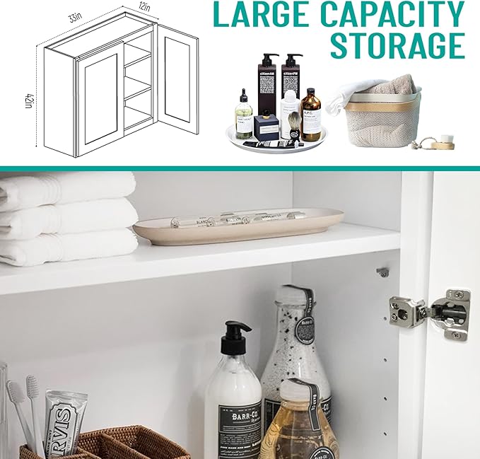 Wall Kitchen Cabinets, RTA Cabinets, White Shaker Cabinet, Wall Mounted, RTA Upper Cabinet, Modern for Kitchen and Bathroom with Door (White, 33 W x 42" H x 12" D)
