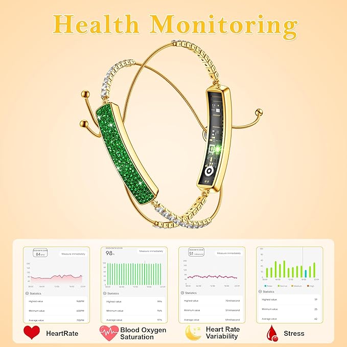 Smart Bracelet for Women, Jewelry Fitness Tracker with 2 Bands, Heart Rate & SPO₂ Monitor, Stress & Sleep Tracking, Step & Calorie Counter, 5ATM Waterproof for iOS & Android, No Subscription, Green