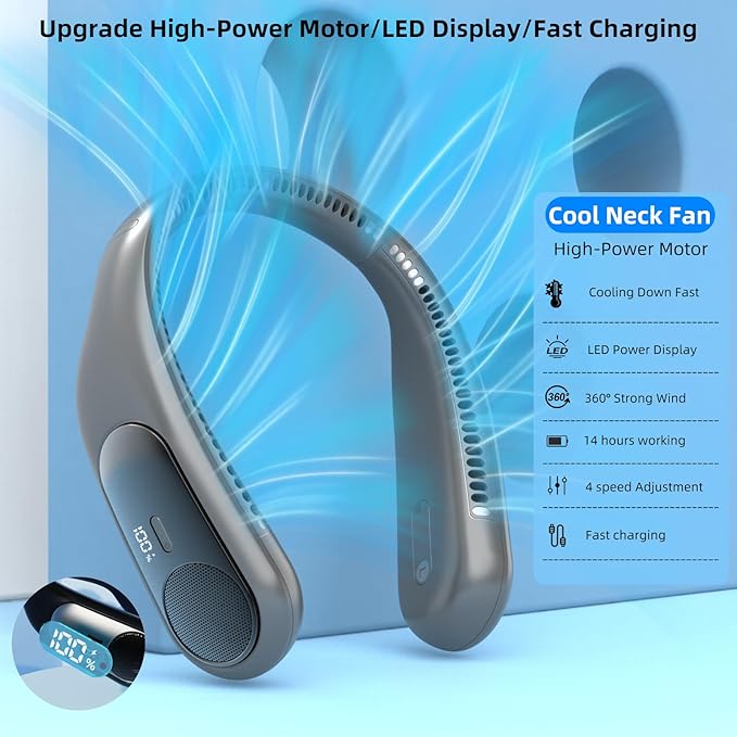 Portable Neck Fan,Personal Wearable Bladeless Fan,LED Display,4-Speeds,6000mAh USB Rechargeable,360° Strong Cooling Wind,Hands Free,White Elephant Gift,Christmas Gifts for Men Women (Dark grey)