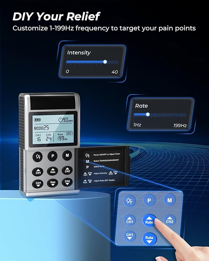 KingPavonini 4-IN-1 TENS Unit Muscle Stimulator, DIY & TENS & EMS & MASS, Dual-Channel 40 Intensities TENS Machine, Muscle Stimulator for Pain Relief Therapy Sciatica Back Pain, 12 Pads (Model: B2501)