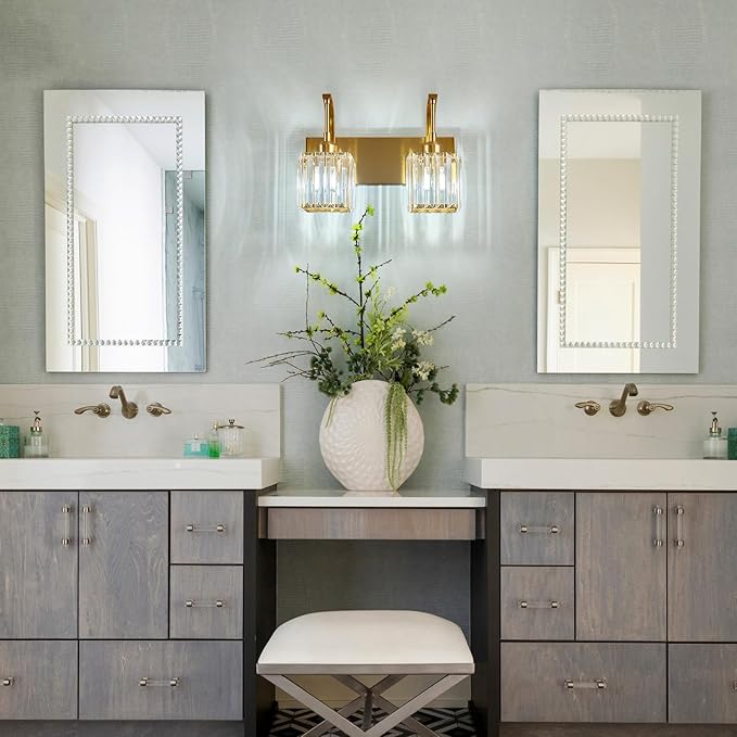 FDPBY Crystal Vanity Lights 2-Light Gold Wall Lamp Modern Crystal Bathroom Light Fixtures Over Mirror 13.77" Long Bathroom Wall Sconce