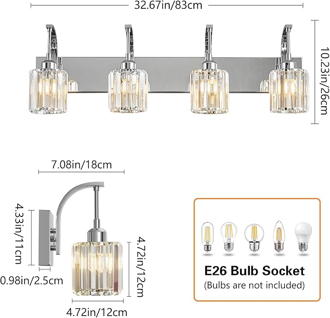 FDPBY 4-Light Crystal Vanity Light, Modern Chrome Bathroom Wall Sconce with K9 Crystal Shades, 32.67" Long Over Mirror Lighting for Vanity, Makeup, Hallway, Elegant & Easy Install