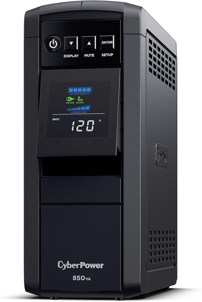 CyberPower CP850PFCLCD PFC Sinewave UPS Battery Backup and Surge Protector, 850VA/510W, 10 Outlets, AVR, Mini-Tower; UL Certified