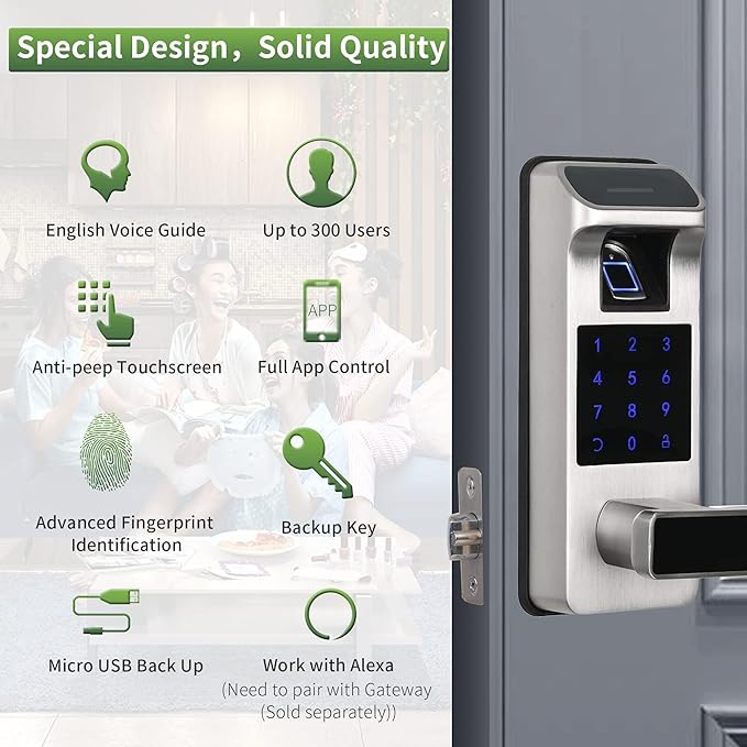 Harfo Smart Door Lock, Heavy Duty 5 in 1 Keyless Entry Door Lock, Full App Control Digital Keypad Lock, Reversible Handle with Fingerprints and Passcodes for Family/Office/Apartment (Satin Nickel)